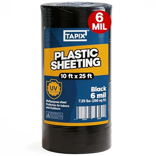Plastic Sheeting (10' x 25') Long, 6 Mil (Black) - UV Protection Poly Sheeting Polyethylene Film, Heavy Duty Greenhouse Plastic Sheeting