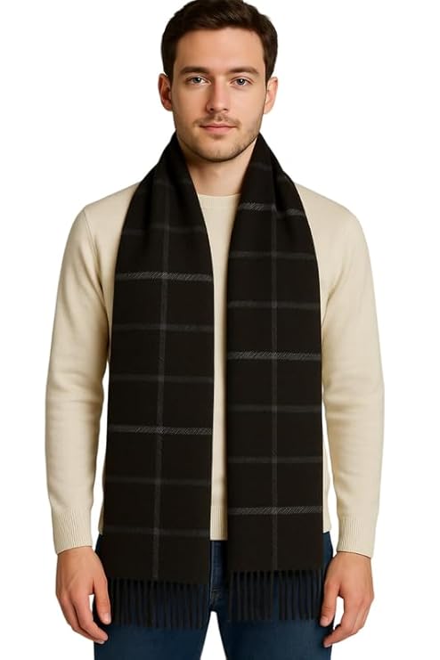 Krystle Men's Woolen Muffler Soft Warm Winter Scarf with Checkered Pattern & Fringes Premium Wool Wrap for Cold Weather (Free Size,Brown)