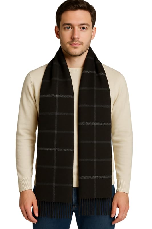 devil Woolen Muffler for Men – Soft Checked Scarf with Tassels | Warm & Stylish Winter Accessory (Free Size,Brown)-picture-20