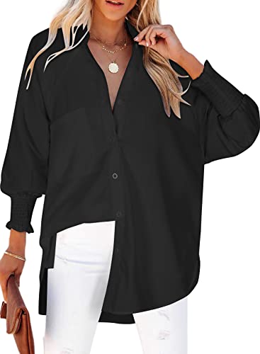 Womens Smocked Cuffed Solid Boyfriend Shirt Casual Collar Long Sleeve Oversized Button Down Blouse Tops with Pocket Shirred