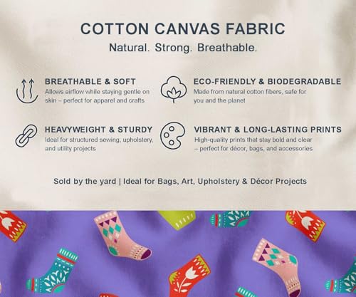 Image of Soimoi Purple Cotton Canvas Fabric Socks & Gloves Folk Art Print Fabric by the Meter 42 Inch Wide