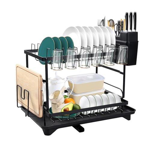 SKY-TOUCH Double Tier Dish Drying Rack Dish Drainer with Drip Tray & Swivel Drainage Spout Utensil Holder Cup Holder Cutting-Board Holder and Plate Holder Stand for Kitchen Counter - Quick Install