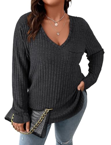 Image of Koscacy Women Plus Size Casual Knit Sweater with Pocket V Neck Solid Color Tops Lightweight Long Sleeve Blouses