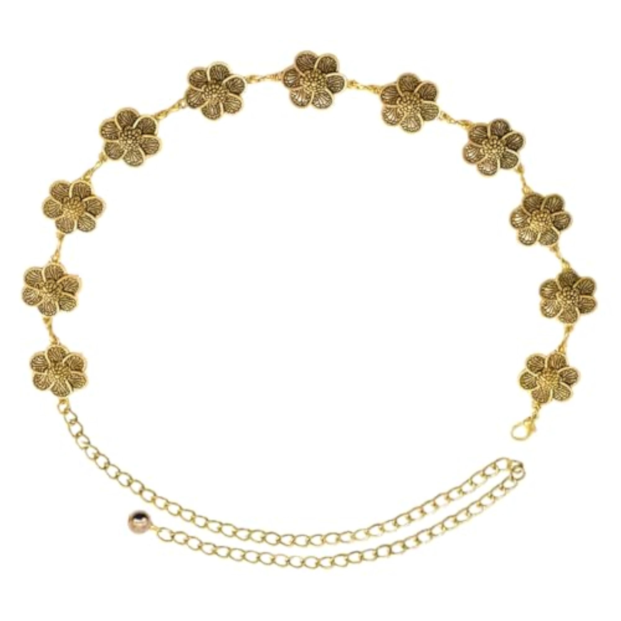 Women's Antique Floral Pattern Adjustable Waist Chain, Gold