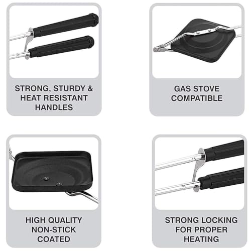 Image of Double Sided Sandwich Grill Pan | Non-Stick Toast Maker Aluminium Stovetop Toaster Gas Stove Flip for Bread Snacks Heat Resistant Handle Black (Pop-up Toaster)