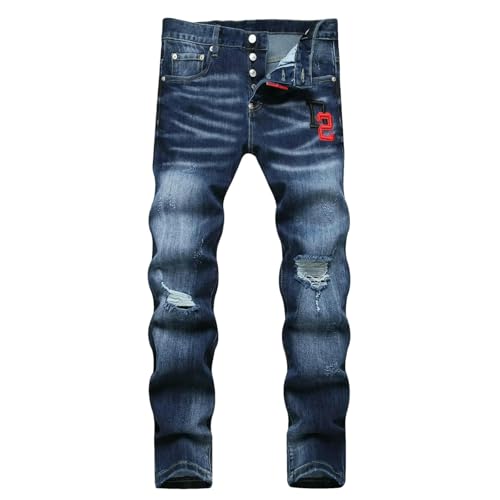 Men's Ripped Skinny Jeans Button Access with Zipper Ring Decoration Trousers Street Rock Stretch Denim Pants4
