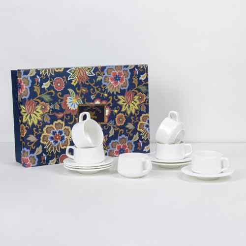Image of GOLDEN QUEEN'S Cup & Saucer Set | Perfect for Hosting & for Tea /Coffee Lovers | Handcrafted in India | 6 Cups & 6 Saucers | 170 ml - Set of 12 pcs - Ivory Curve Cup Saucer