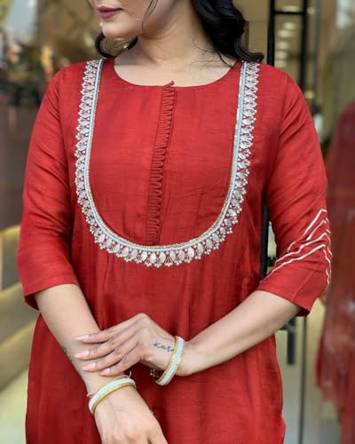 Image of Yashika Women's Silk Blend Jacquard Kurta and Pant with Dupatta Set and Khatali Work Suitable For Every Indian Occasion