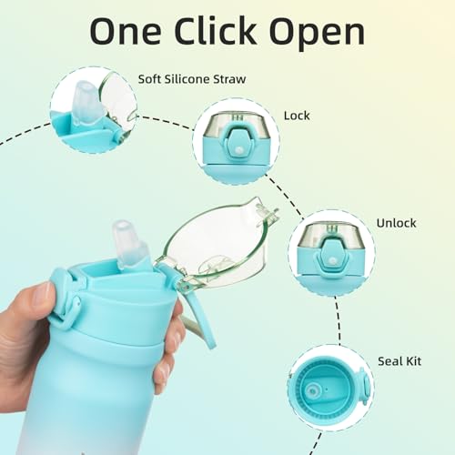Image of BJPKPK 14 oz Insulated Water Bottle, Straw, Handle, Stainless Steel Flask | Leak Proof Locking Lid, Double Wall Vacuum, Keeps Hot /Cold, BPA Free, Dishwasher Safe, Travel & Sports, Sea Salt