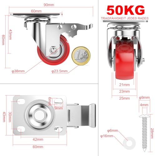 Deutnart Möbelrollen 38mm Lenkrollen mit Bremsen, [4 Stk bis 200kg] Schwerlastrollen Set Leise Schwenkrollen Polyurethan Transportrollen Räder für Möbel ohne Spuren Rollen für Palettenmöbel