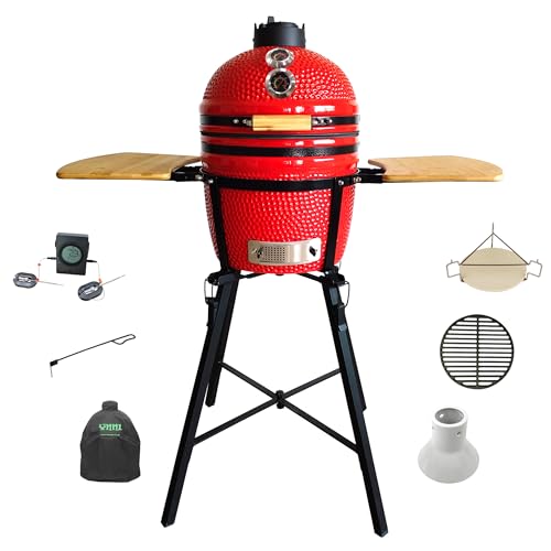 YNNI KAMADO TQTT15REN Kamado de pie de 15.7 pulgadas con carrito y mesas auxiliares, parrilla, rojo, barbacoa, cerámica, huevo, ahumador, paquete con extras TQTT15REN