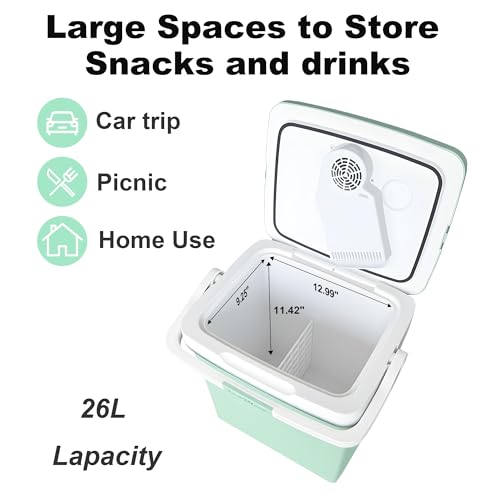 Image of Electric Cooler, 26 Liter Mini Fridge with Automatic Locking Handle (Green) | Large Capacity Car Refrigerator, Dual-use Car Fridge, Portable Car Cooler for Picnic, Travel, Outdoor, Camping, Home, Gift
