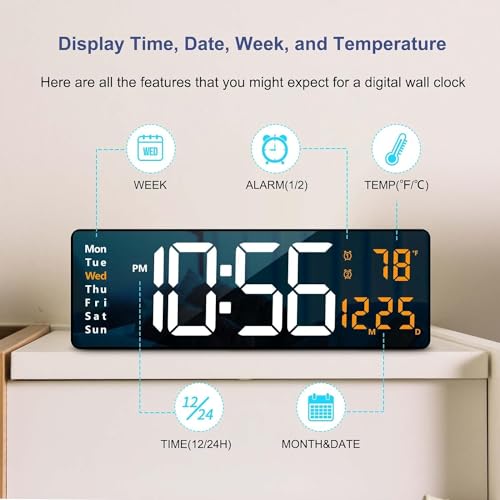 Image of Digital Wall Clock, Digital Clock Large Display, Dual Alarms, Automatic Brightness Dimmer- Easy Track The Time, Date, Day of Week and Temperature, with Remote Control (16 inch Rectangle White & Orenge)
