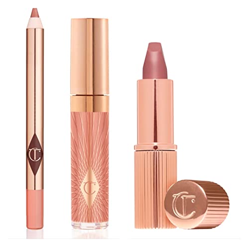 CHARLOTTE TILBURY Pillow Talk Collagen Lip Bath Gloss, Matte Revolution Lipstick, and a Lip Cheat Liner Kit Gift Set (Travel Sizes)