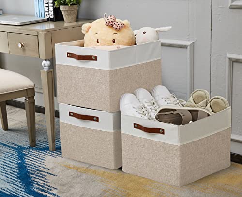 Image of DECOMOMO Cubby Storage Bins | 13x15x13inch Fabric Storage Cubes for Kallax Shelves Cloth Nursery Decorative with Handles (Beige and White, 13x15x13- 3P)