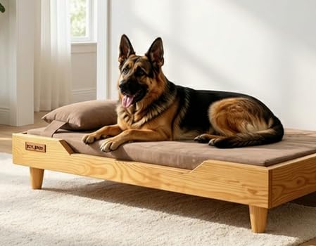 Large Dog Wooden Bed Beige 45 x 30 inches Wooden Dog Bed with Cushion | Natural Wood Frame Slatted Design | Comfortable Pet Bed for Medium & Large Dogs-image-34