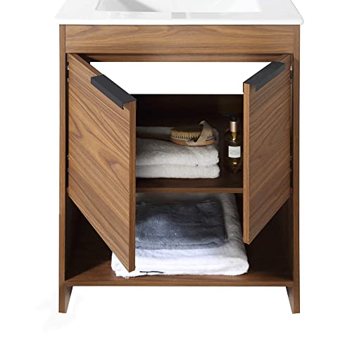 Fine Fixtures Phoenix 24 In. W X 18.5 In. D X 33.5 In. H Bathroom Vanity In Walnut With White Ceramic Sink [Full Assembly Required] #TOP7