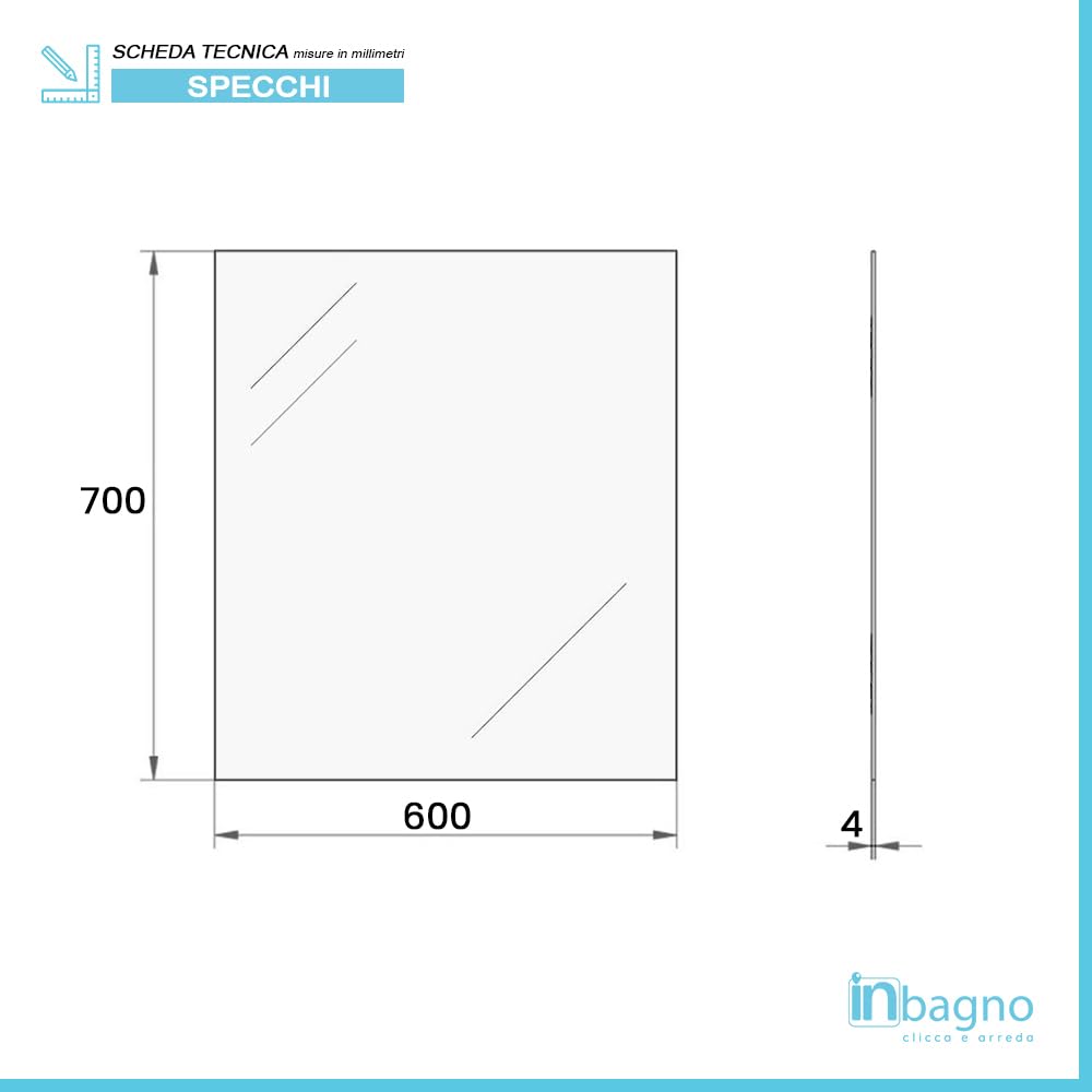 Inbagno Specchio Bagno 60X70 CM Rettangolare Reversibile Filo Lucido – Design Moderno, Installazione Verticale O Orizzontale, Con Fissaggi Inclusi