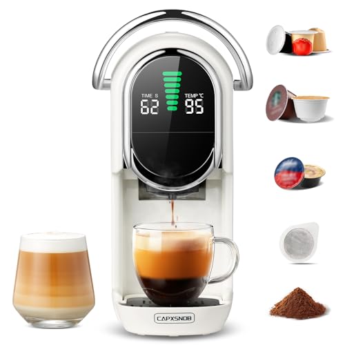 Magician1 Mini Macchina da Caffè Cialde 5in1 per Nespresso Originali, Dolce Gusto, Lavazza A Modo Mio, ESE 44 Cialde e Caffè Macinato, 20 Bar, 1450W, Display LED, Acqua Regolabili 7 Livelli (Bianco)