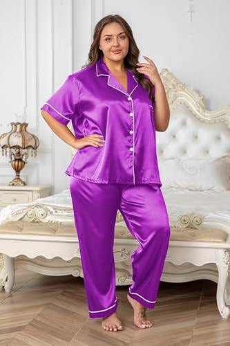 Image of Vozanet Women's Button Down Satin Pajama Sets Silky Short Sleeve Top & Pants Plus Size Loungewear Classic Sleepwear XL to 5XL