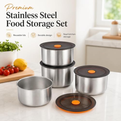 Image of Tanjiae Round Stainless Steel Food Container 500ML | Airtight Silicone Cover | Leak-Resistant Reusable Storage Bowl for Kitchen, Refrigerator, Snacks & Leftover Food, Round Storage Box 2 Pcs