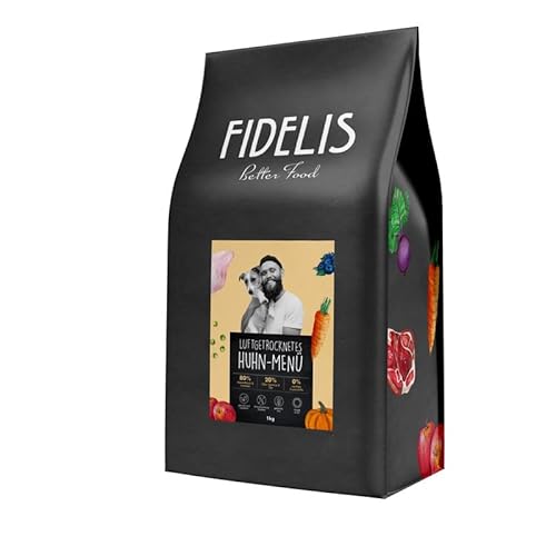 Fidelis - Gedroogd kippenmenu voor honden, 1 kg, premium hondenvoer, droog, met 80% vleesgehalte, groenten en fruit, eiwitrijk droogvoer voor honden, gedroogd, suiker- en granenvrij