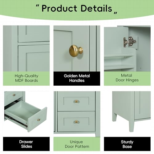 Image of 36 inch Bathroom Vanities with Top Set, Cabinet with Right-Side Multi-Functional Tip-Out Drawer and Adjustable Shelf, Soft-Closing Door, Solid Wood Legs, Green