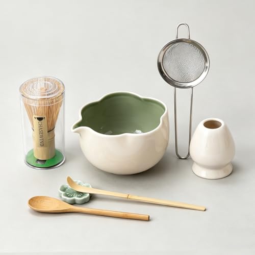 ChaseWind Matcha Set, 8Pcs Floral Ceramic Matcha Kit with Matcha Whisk, Holder, Scoop, Scoop Rest, Sifter, Spoon and Tea Towel - Thoughtful Matcha Whisk Set Gift for Matcha Lovers (Beige & Green) by ChaseWind - Used condition - US$25.33