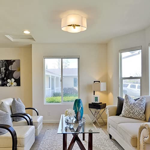 Aua Semi Flush Mount Ceiling Light Fixture, 4-Light Gold Modern White Fabric Ceiling Lighting, Brass Farmhouse Close To Ceiling Lamp For Entryway Bedroom Hallway Kitchen Dining Room #TOP3