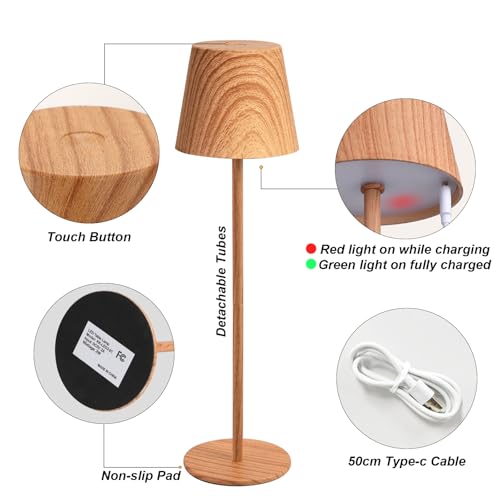 Image of Kakanuo Wood Grain Cordless Table Lamp Rechargeable - 2 Pack 5000mAH Battery Operated Lamp for Counter, 3 Color Stepless Dimming Wireless Lamp for Dining Kitchen, Outdoor Patio, Touch Control