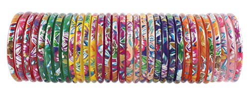 ZULKA Glass with Flower and Leaf Printed Glossy Finished Kada Set For Women and Girls, (Multicolour_Tulip_2.8 Inches), Pack Of 32 Kada Set