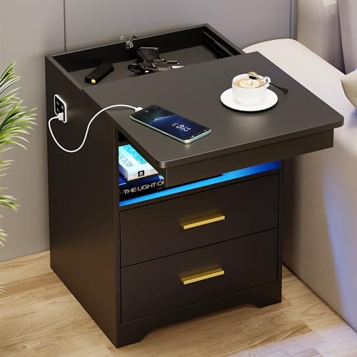 Image of Nightstand with Gun Drawer, Charging Bedside Table with USB-A & Quick-Charge Type-C Port, LED Night Stand with Soft Glow Human Sensor Light, Modern End Table with Drawers for Bedroom Office, Black