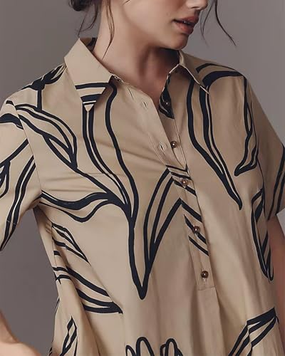 Image of Women's Short Sleeve Swing Tunic Mini Dress Button Up Blouse Shirt Summer Loose Casual Flowy A Line Short Dresses
