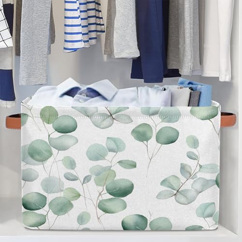 Image of Eucalyptus Leaves Storage Baskets for Organizing, Fabric Collapsible Storage Bins Box Sage Green Decorative Toy Organizer Baskets for Closet Shelves Gift Basket 1 Pc