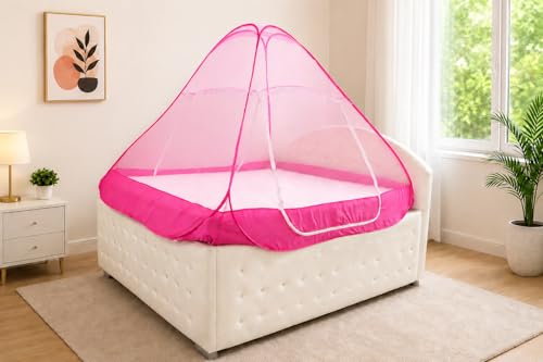 Image of Healthy Sleeping Mosquito Net | Double Bed | Supreme King Size Bed | Foldable Machardani with 2 Side Zipper Opening | Strong 30GSM Polyester Net | PVC Coated Steel Wire (Pink)