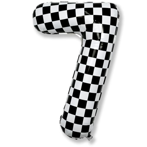 Number 7 Balloon for Boys, Giant Checkered Self Inflating Number 0-9 Set Decor for Girls, 40 Inch Foil Helium Black and White Racing 7 Balloon for 7th Birthday Race Car Flag Party Decoration Supplies