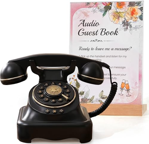 Image of RetroVox Audio Guest Book Wedding Phone Guestbook and Signage Guest Audio Message Book, Vintage Style for Wedding Reception, Bridal Shower, Baby Shower(Black & Sign Holder D)