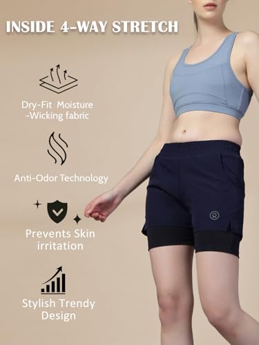 Image of CHKOKKO Gym Shorts for Women Workout Sports Running Quick Dry Fit Double Layer Inner Compression with Pockets Breathable Lightweight Wear Navy 5XL