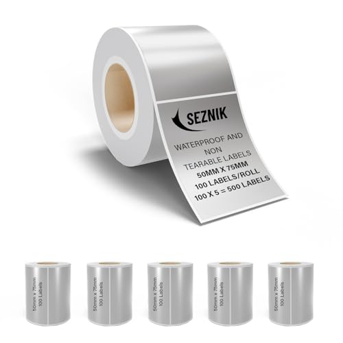 Image of Seznik Silver Waterproof, Non-Tearable, Sticky Thermal Lables, Label Roll, 2 inch Adhesive Thermal Labels for Label Printers (50mmx75mm - 500 Lables)