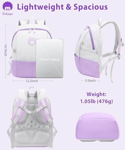 rockpapa 15-Inch Kids Backpack for Boys Girls, Perfect for Early Elementary Daycare School Travel, Ergonimic Design, Padded Back & Adjustable Strap Purple2