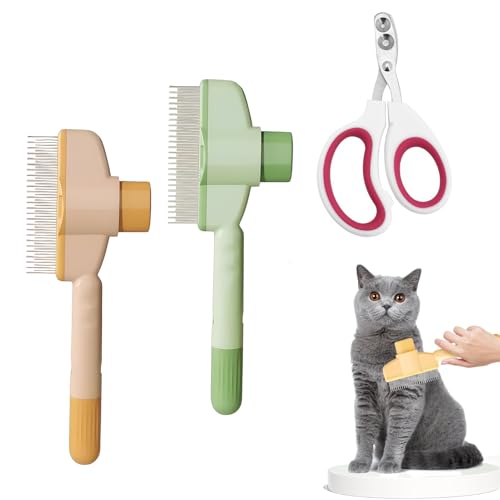 2 Stück Fellbürste Katze,Krallenschere Katzen Mit 2mm&4mm Loch,Fellblitz Bürste Katze,Katzenkamm Mit Nägelschneider Und Reinigungsknopf,Bürste Für Langhaarkatzen Und Kurzhaarkatzen