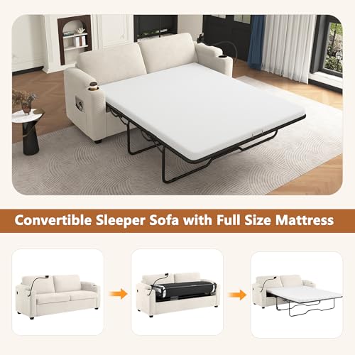 Image of ERYE 72-Inch 2 Seat Sofa Couches W /Foldable Full Size Memory Mattress Sleeper Bed, Functional Convertible Loveseat Sofa Striped Corduroy Upholstered Couch for Home Apartment
