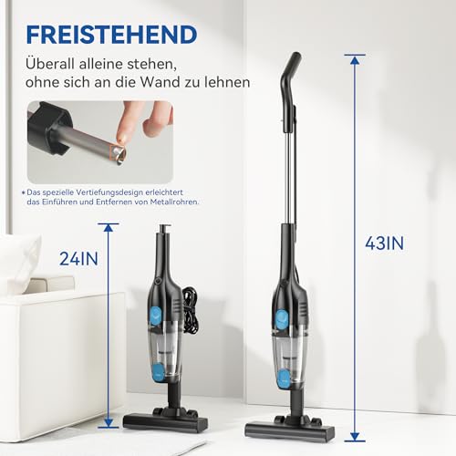 Staubsauger, Stielstaubsauger mit Kabel Handstaubsauger 20Kpa 600W, 3 in 1 Staubsauger Beutellos mit 5m Kabel, Staubsauger ohne Beutel Vacuum Cleaner Anti-Tangle für Tierhaare Teppich Harter Böden