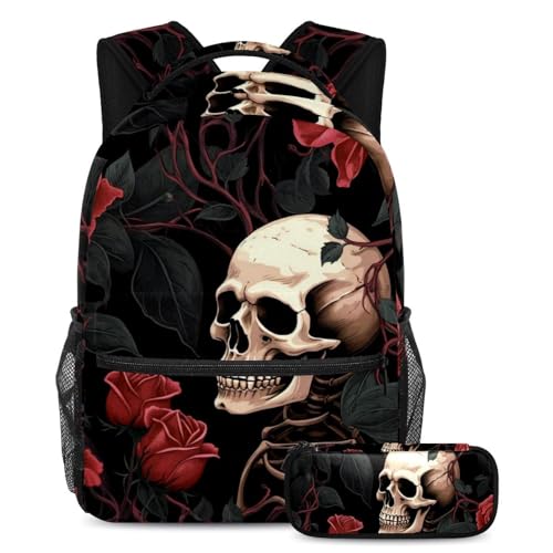 Sac à dos rose tête de mort grand format avec trousse scolaire