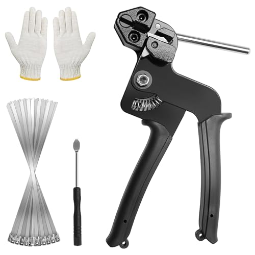 Juego de 100 bridas de metal, pistola de sujeción de acero inoxidable, herramienta de sujeción ajustable, alicates para gestión de cables, 4,6 x 200 mm para apretar, bridas cortadas
