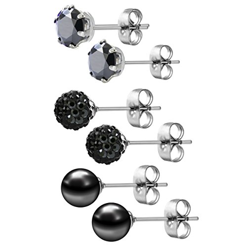 Jewelrieshop Black Studs Earrings For Women Cz Rhinestones Crystal Ball Fake Pearl Stainless Steel Party Stud July Birthstone Earring Set For Girl (3 Pairs,6Mm Round,July) #TOP1