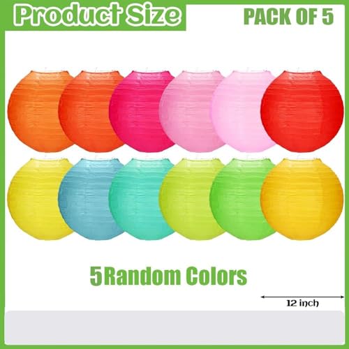 Image of Pop the Party Round Hanging Ball Paper Lantern Paper Lamp | Light Lamp | Decoration at Balcony Outdoor, Party Birthday, Multicolor Paper Hanging Lantern | (12inch, Mix Colour) - Pack of 5