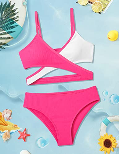 Aulyffo Girls Bathing Suit Size 11 12,Two Piece Bikini Criss Cross Swimsuit V-Neck Adjustable Shoulder Straps Girls' Swimwear Hot Pink #TOP4