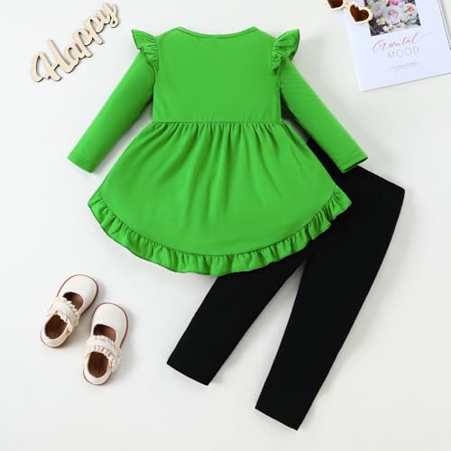 Image of Goodplayer Toddler Girls St.Patrick's Day Outfits Long Sleeve Clover Dress Shirt Shamrock Print Pants Clothes Set