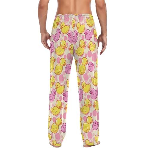 Men’s Yellow Pink Ducks Pajama Pants with Pockets, Comfortable Lounge Sleep Bottoms#5592